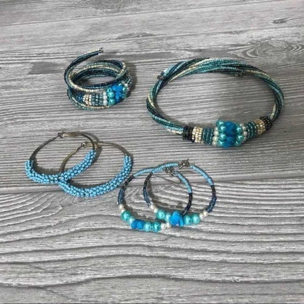 beaded Jewelry bundle set necklace 2 earrings & bracelet beaded wrap set blue be